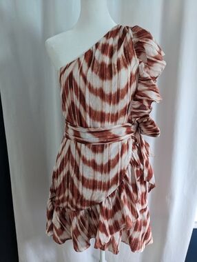 Banana Republic Size 2 Linen Ruffle Dress Rust Cream Zebra Print